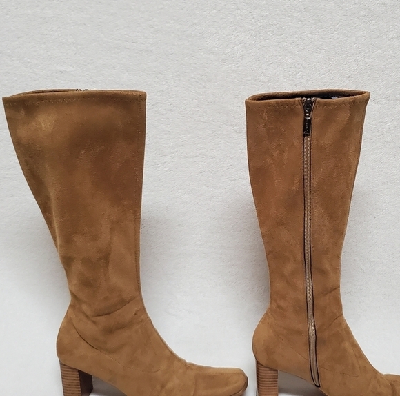 VINTAGE 90s Candies Caramel Faux Suede Stacked Heel Square Toe Knee High Boots 8 - Picture 10 of 16